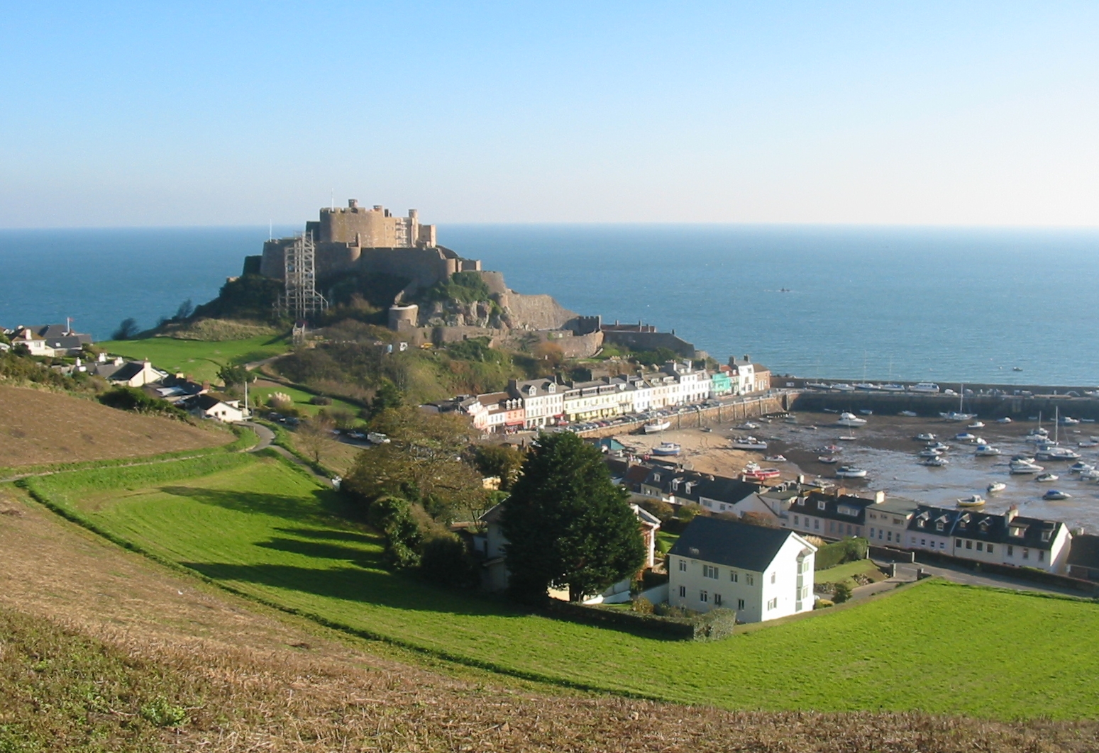 castle of Mont Orgueil overlooking the harbour of Gorey in the parish of St. Martin, Jersey.