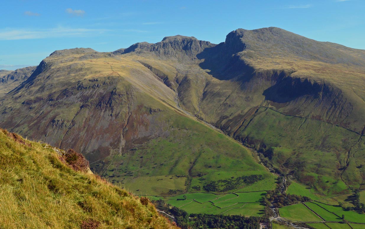 View from Yewbarrow of Scafell massif, showing Scafell Pike in the centre, Sca Fell on the right, and Lingmell on the left.