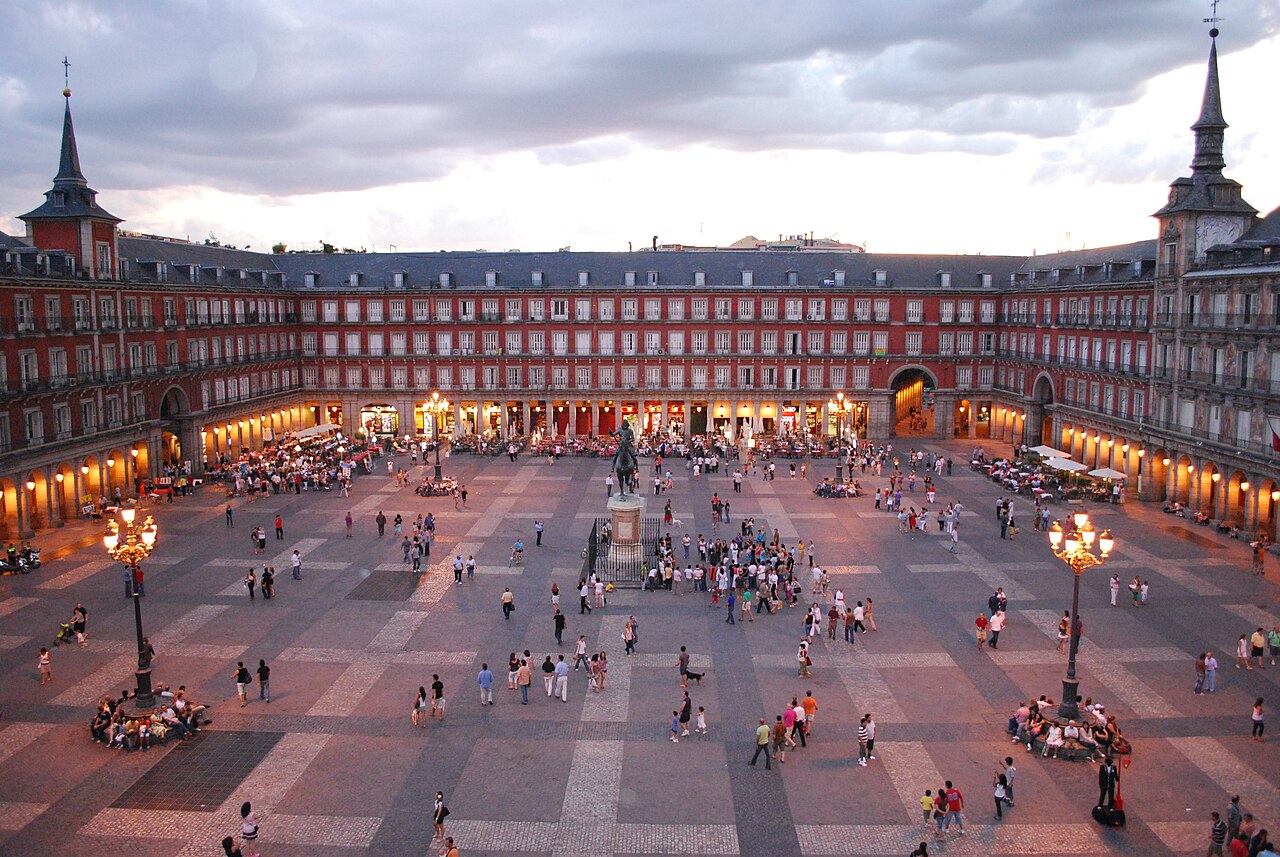 Plaza Mayor (square) in Madrid (Spain) at dusk.