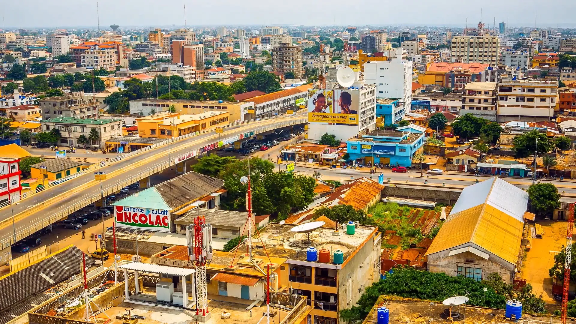 An aerial view of brightly coloured buildings in Benin City, Benin