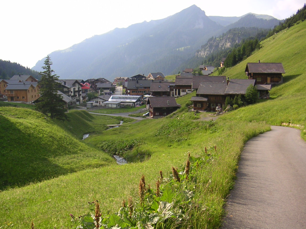 Old buildings in the green hills of Malbun
