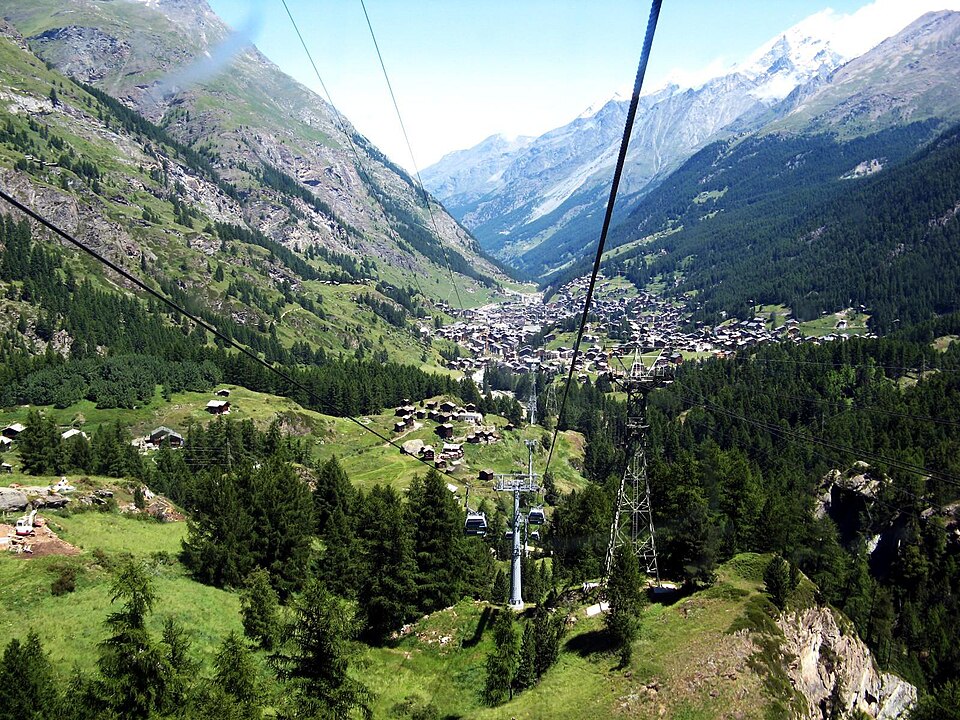 View of Zermatt from the cable car to Furi