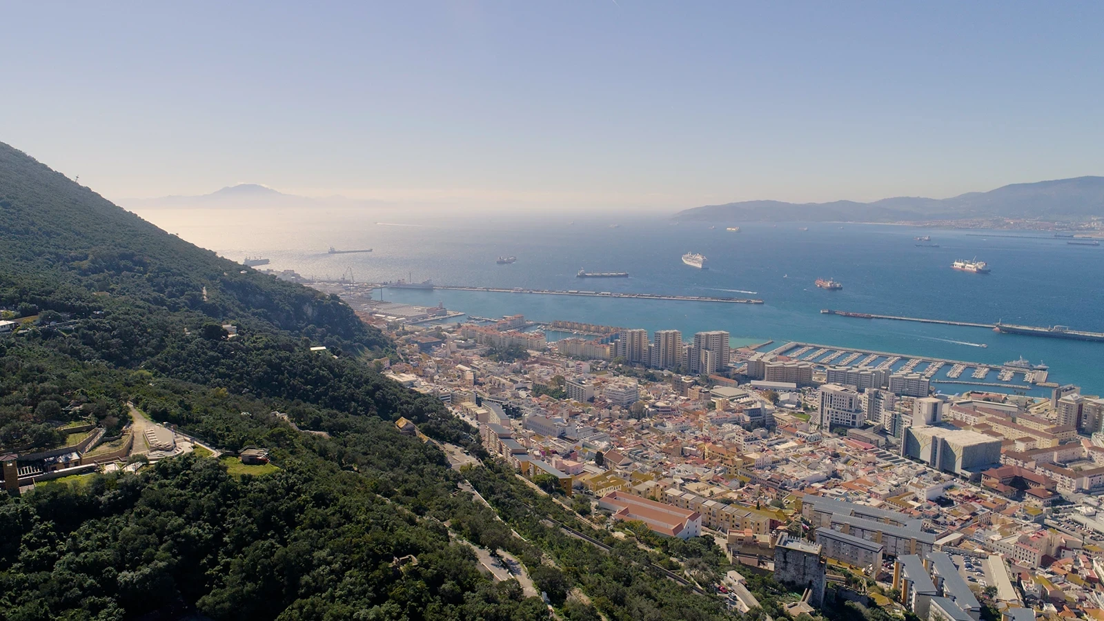 Gibraltar aerial view of the mountain, and city and sea below