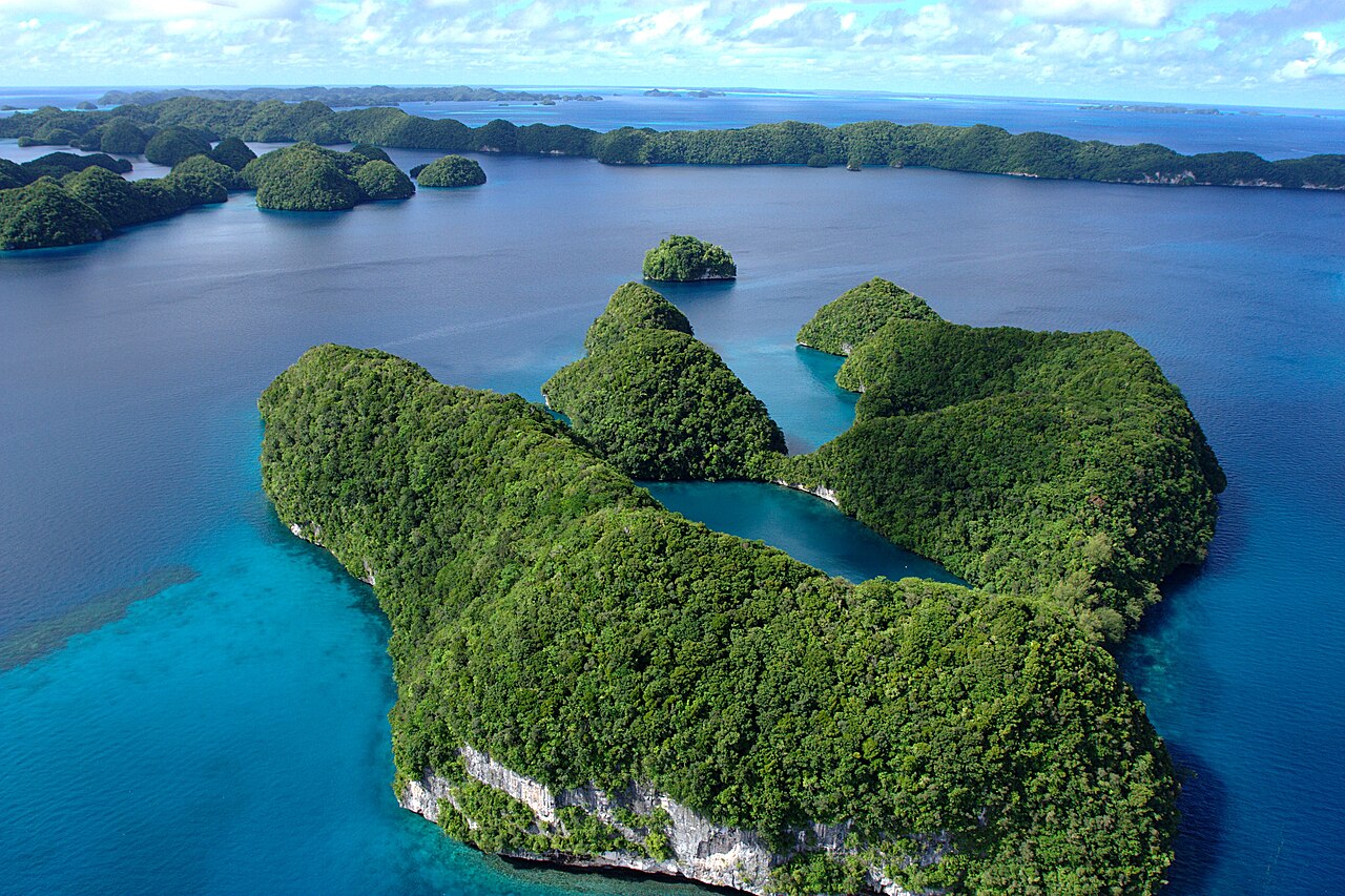 An aerial view of limestone islands