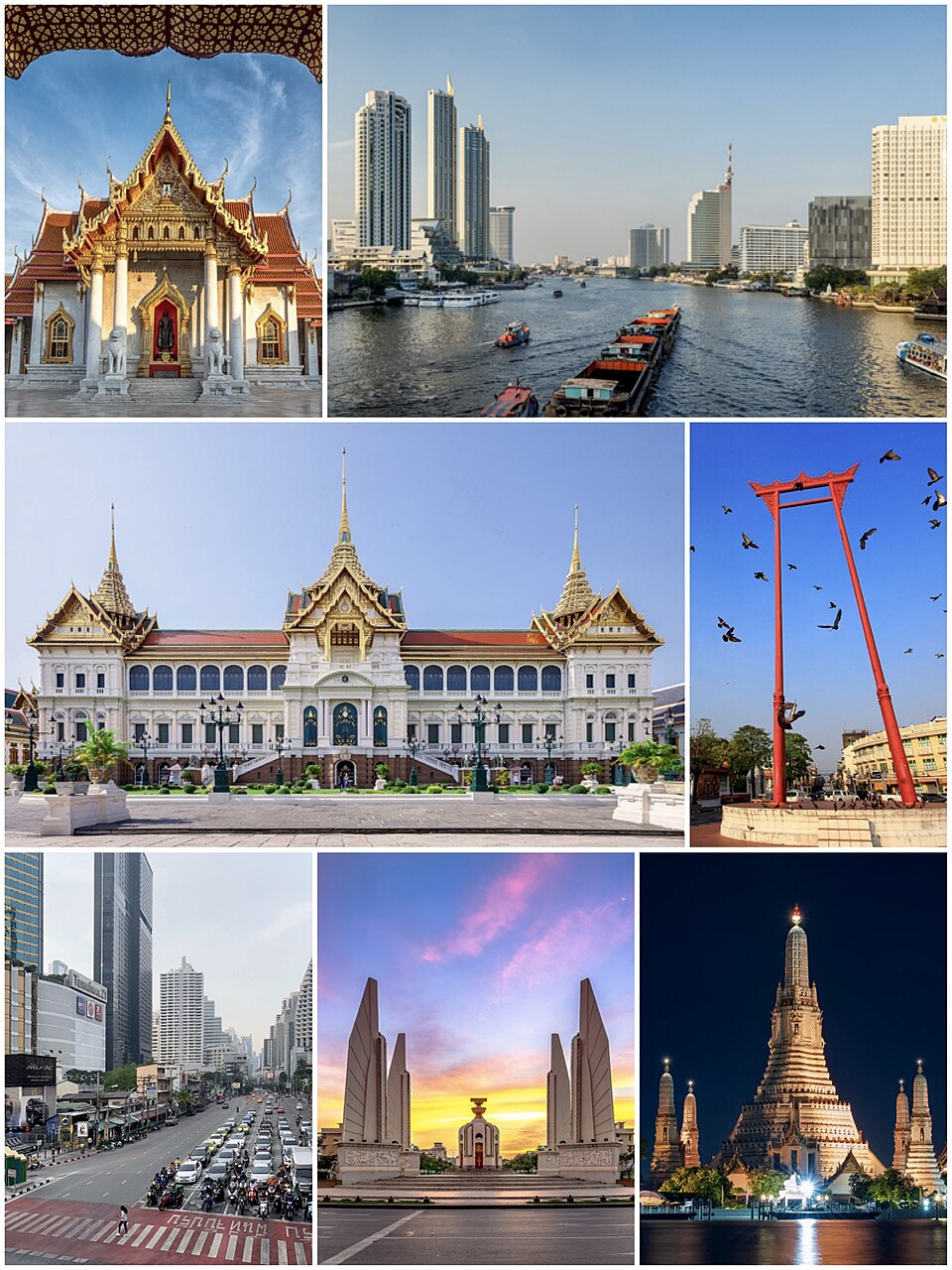From top, left to right: Wat Benchamabophit, Chao Phraya River skyline, Grand Palace, Giant Swing, traffic on a road in Watthana District, Democracy Monument, and Wat Arun