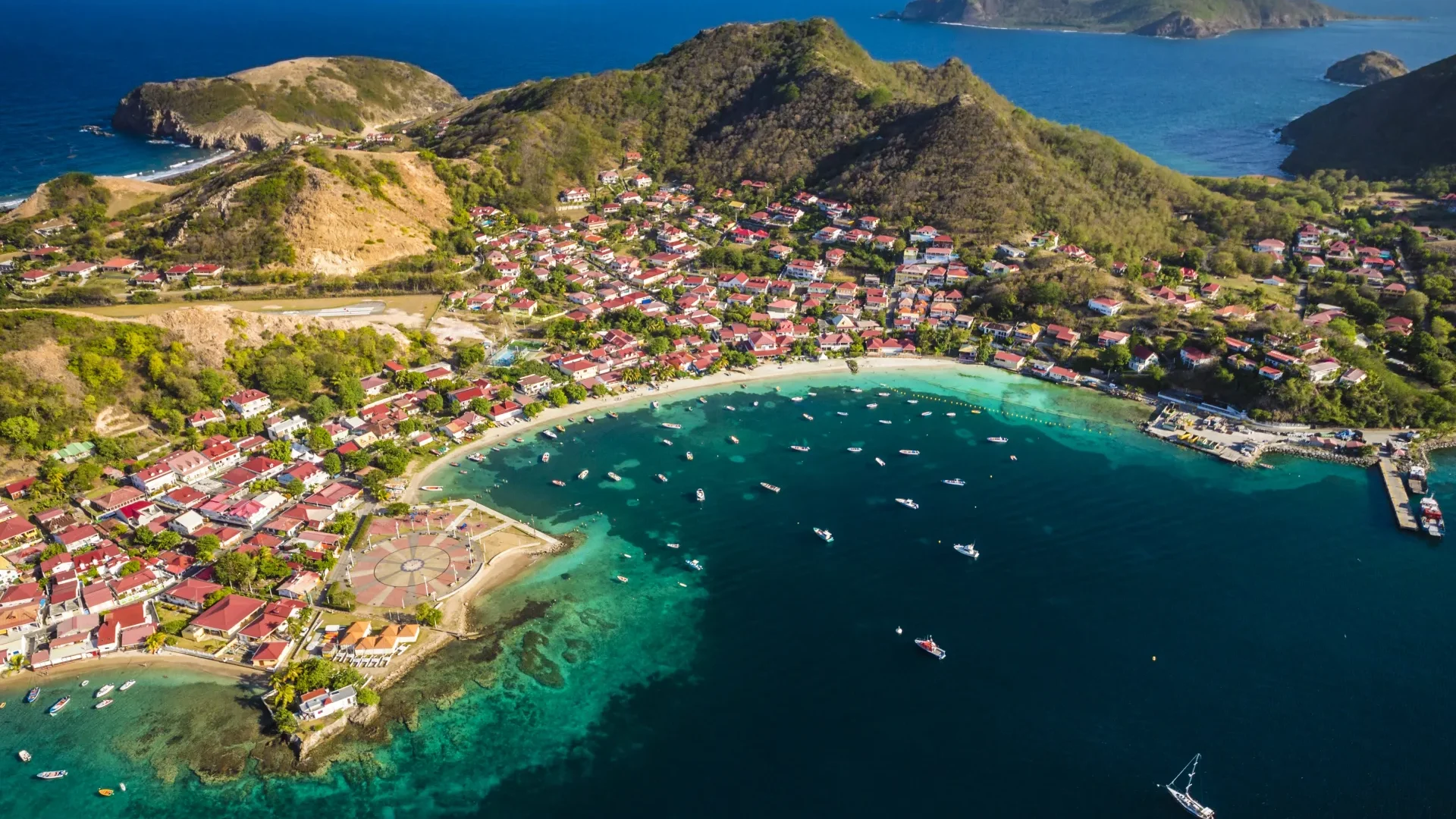 Aerial view of Guadeloupe, overlooking the mountains and ocean