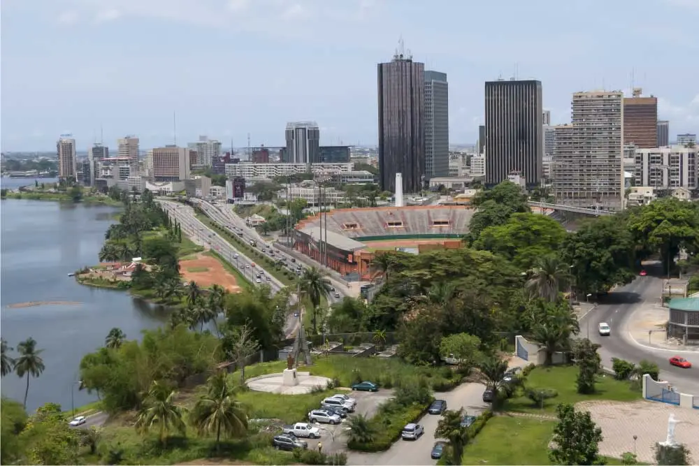 Aerial view of a marina and tall buildings in Cote d’Ivoire