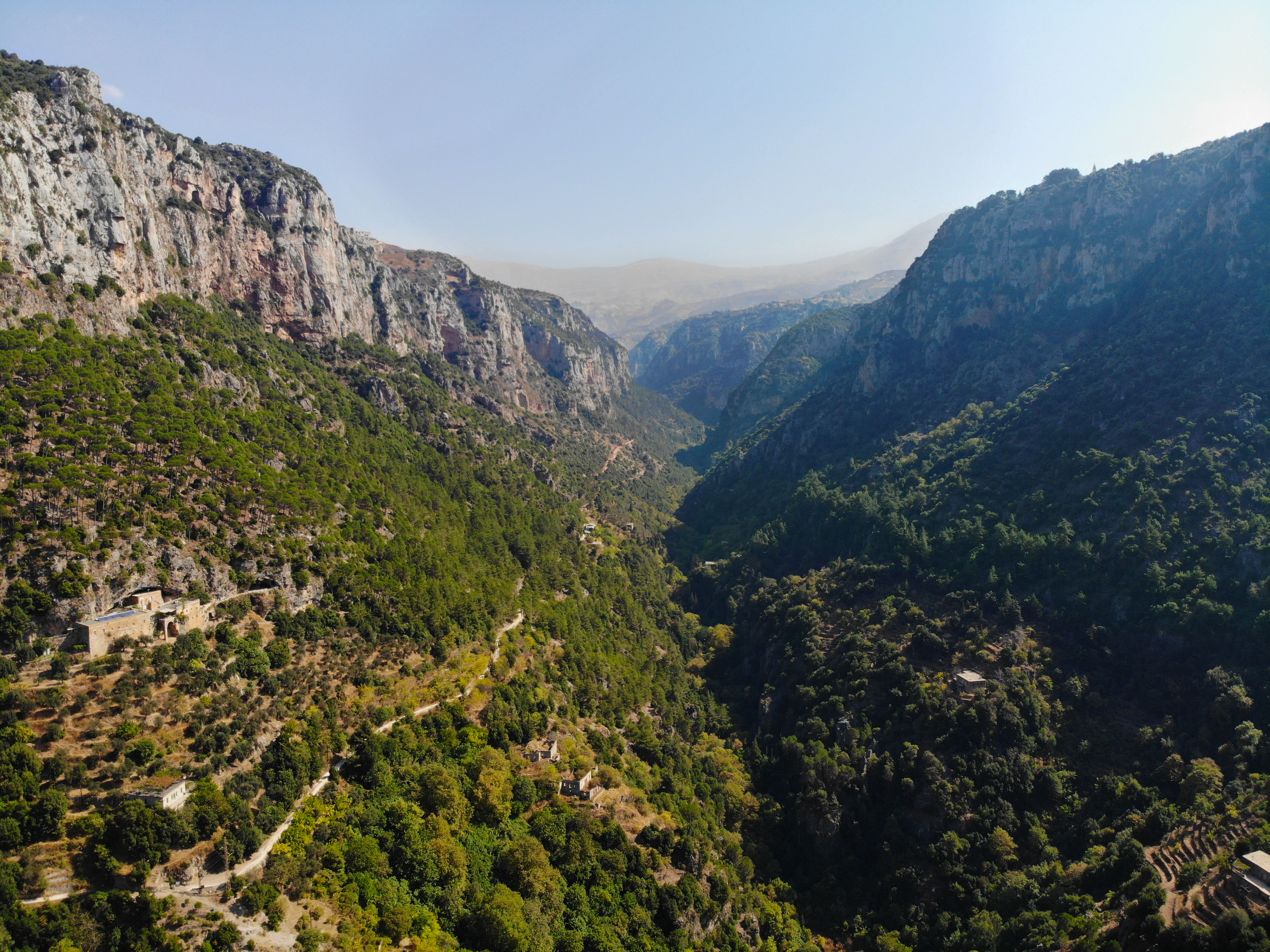 Drone photograph of the Qadisha Valley, photograph taken October 2019, facing almost due west from the Qannoubine Monastery (lower-left)