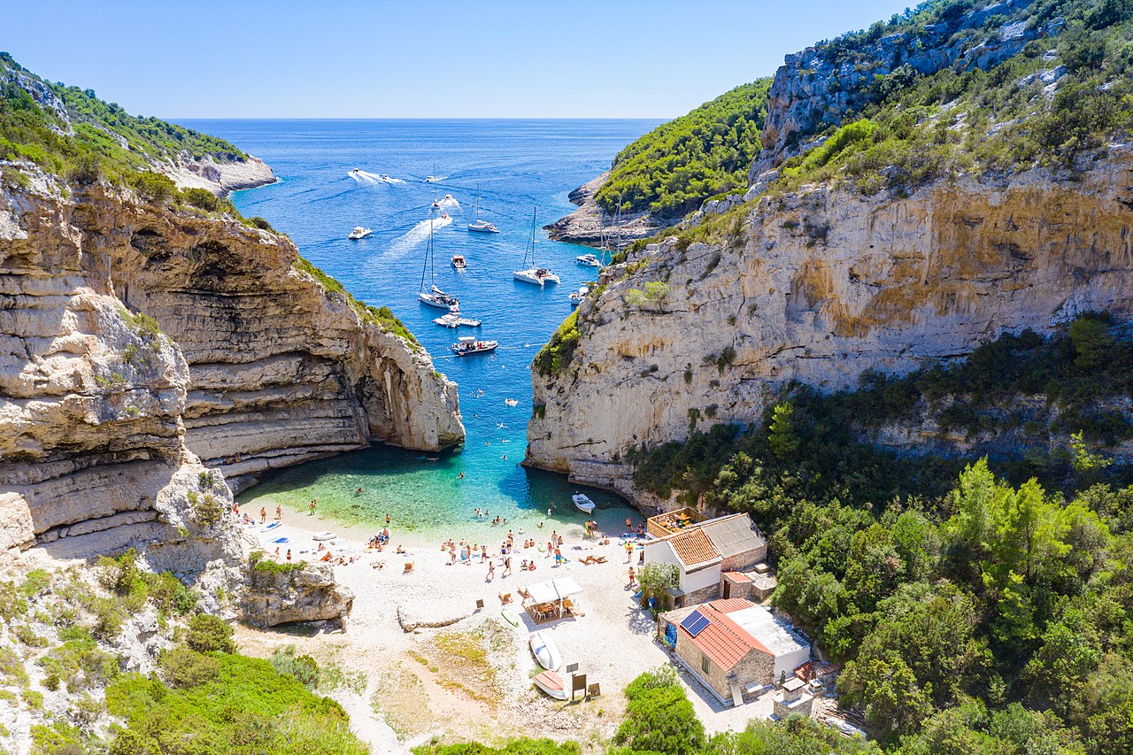 Aerial view of the Adriatic Sea at Stiniva Bay on Vis island in Croatia