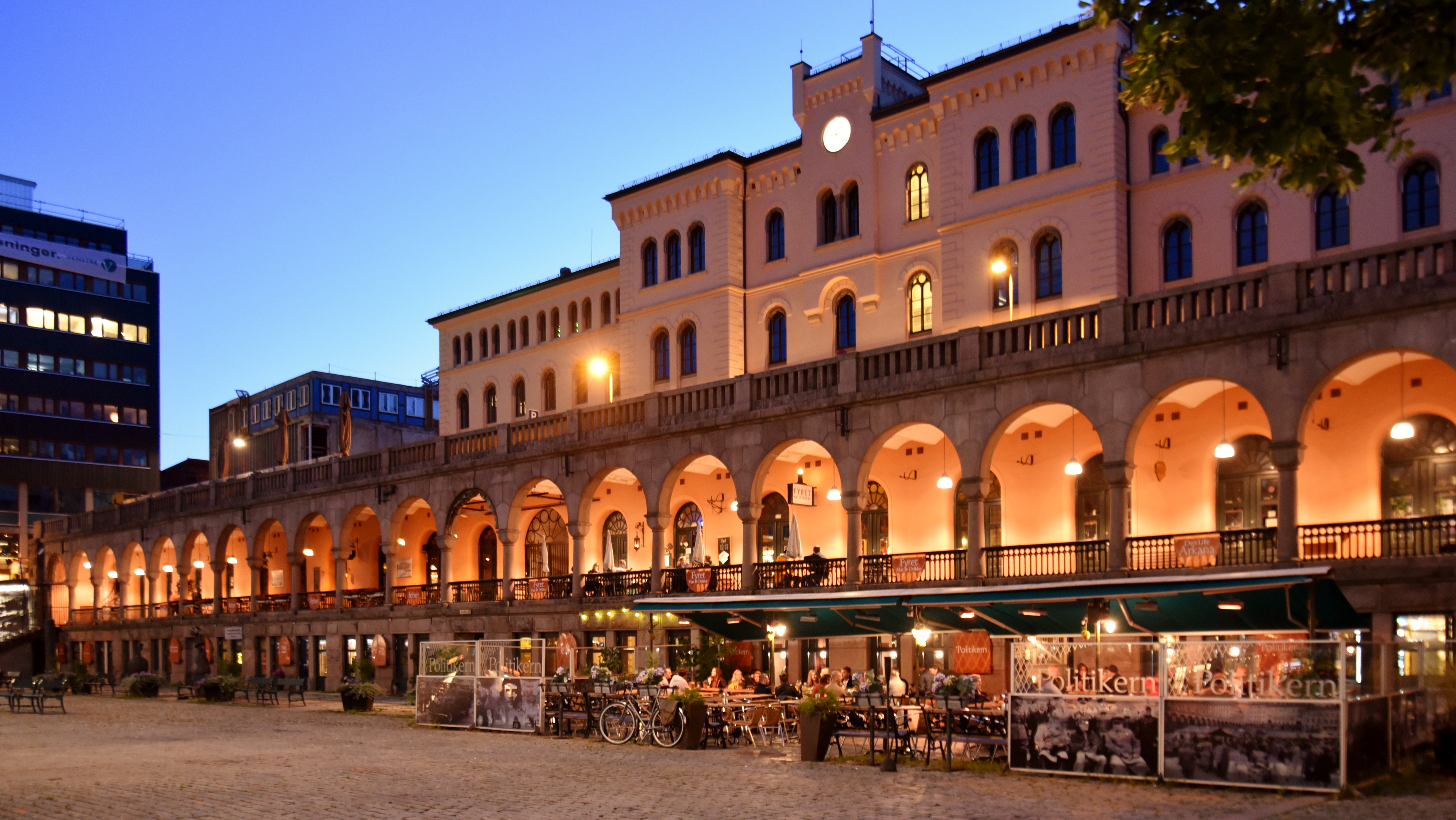 Night view of Møllergata 19, Oslo, Norway, from Youngstorget
