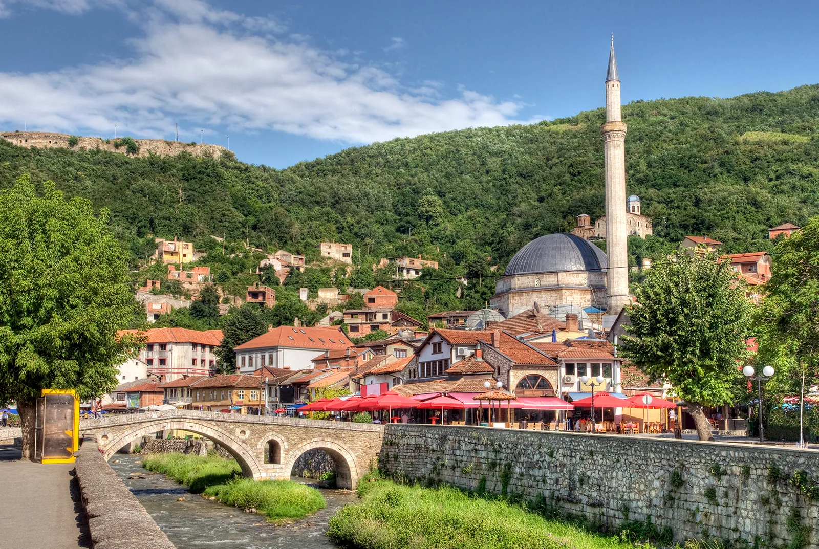 Old red roofed buildings in Prizren, Kosovo.